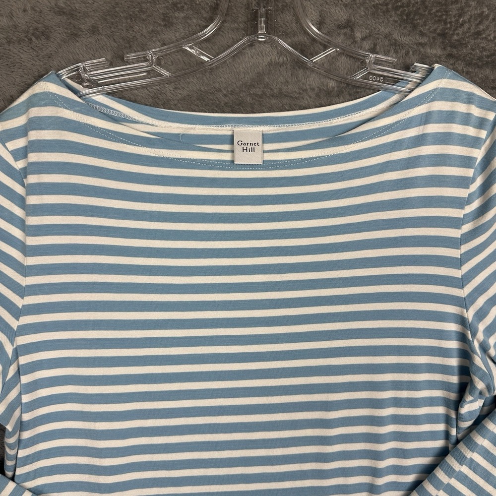 Garnet Hill Top Shirt Large Blue White Stripe Pima Cotton Boatneck Long Sleeve - Picture 3 of 10